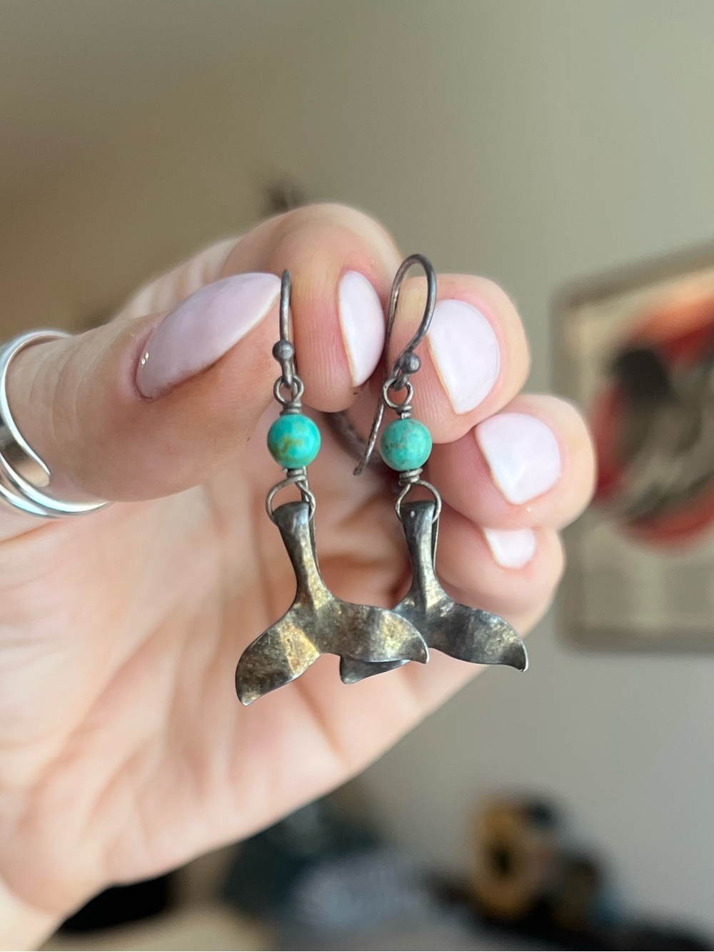 Turquoise Bead Whale Tail Drop Earrings - Unbranded